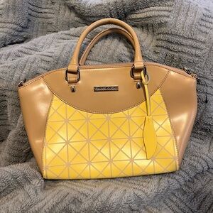 Charles Jourdan Yellow and Tan Patterned Lizzy Satchel Bag